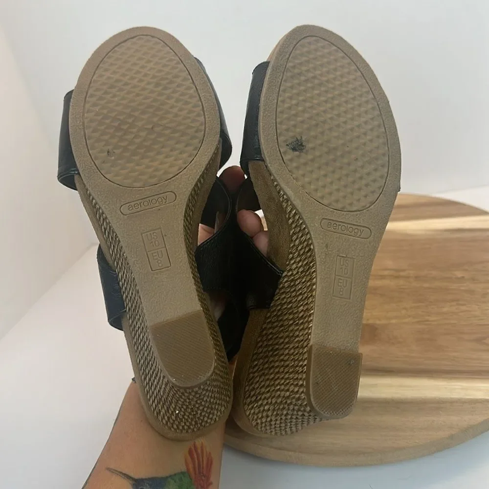Aerosoles Aerology Good Plush Ankle Strap Wedge Sandals Black size 10
